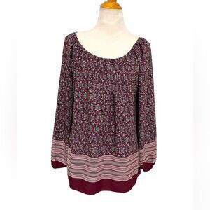 Bobeau Relaxed Top Blouse Tile Print Medallion Boat Neck Top Burgundy Size S